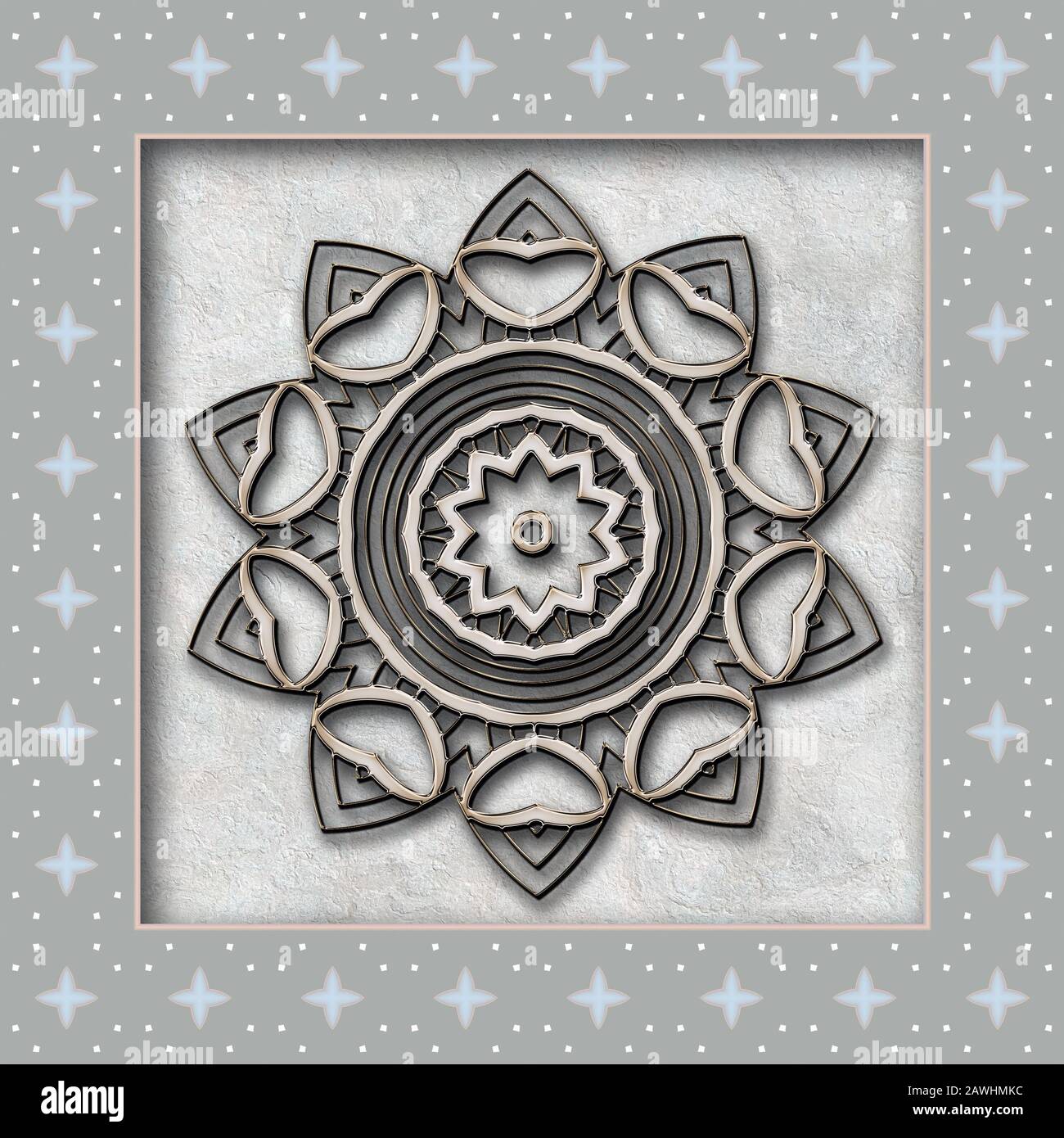 3D rendering elegant combo creative graphics artwork with ornament on textured wall and metallic abstract decoration Stock Photo