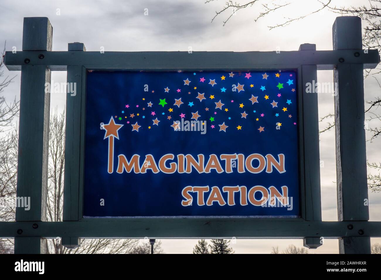 Oswego, New York, USA. January 23, 2020. Children's Imagination Station play area sign in  Breitbeck Park in Oswego, New York on an overcast winter af Stock Photo