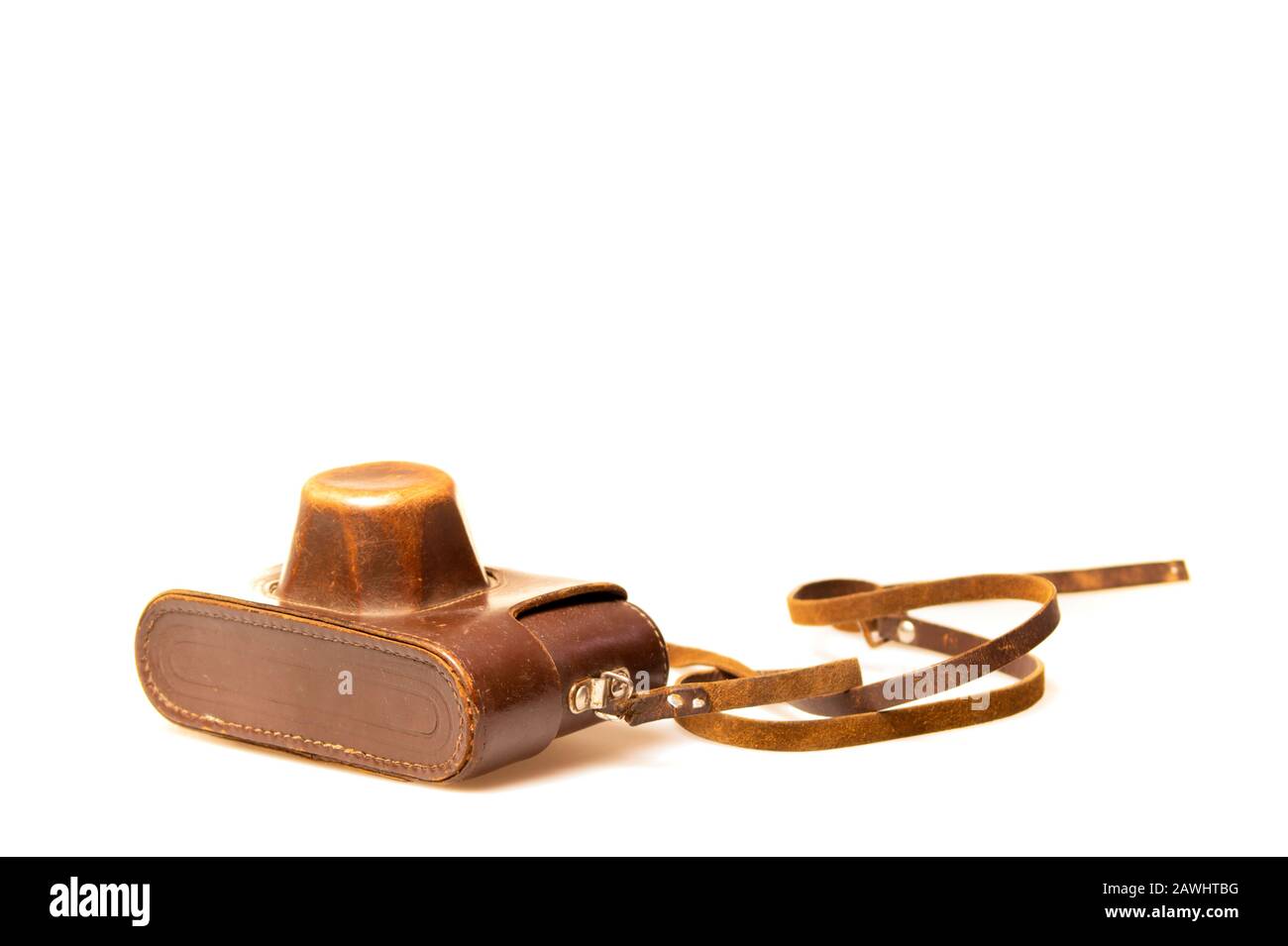 Old camera in brown leather case Stock Photo