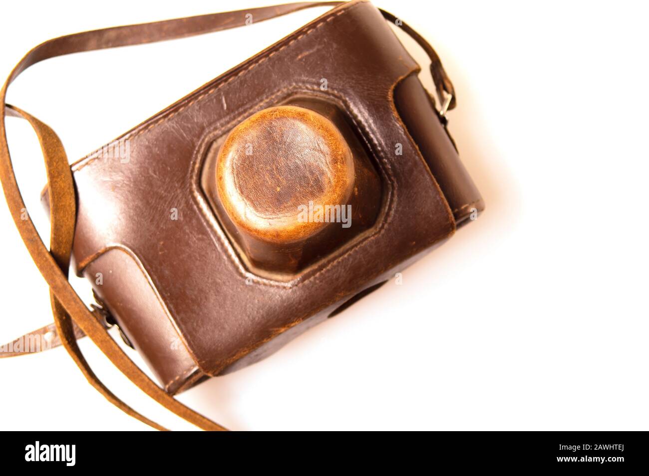 Old camera in brown leather case Stock Photo