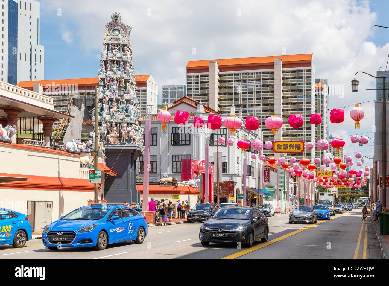 South Bridge Road, Chinatown, Singapore decorated with coloured lanterns to celebrate the Chinese New Year, Singapore, Asia Stock Photo
