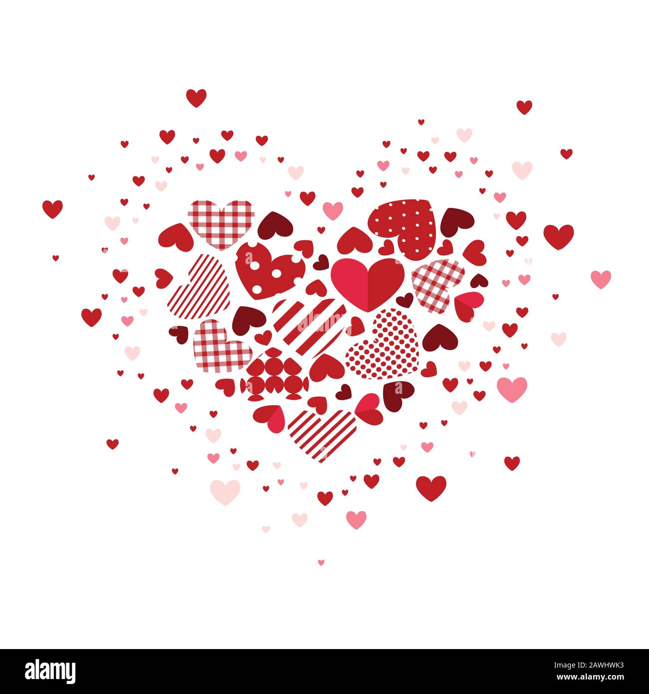 Happy Valentine's day greeting card. Red patchwork hearts. Stock Vector