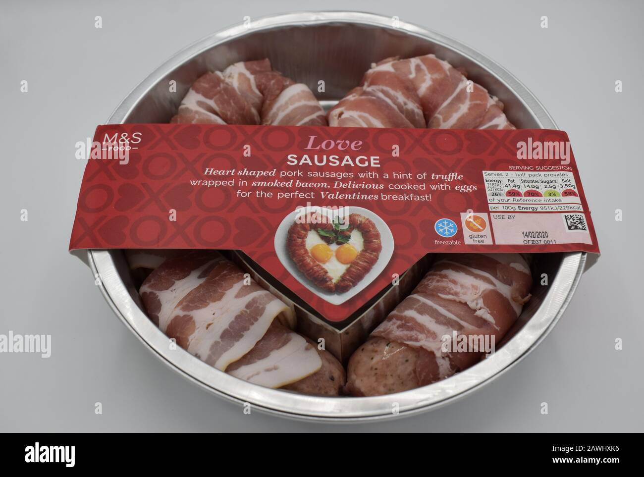 The famous, or should that be infamous, Marks and Spencer Love Sausage.  A perfect breakfast treat for Valentine's Day. Stock Photo