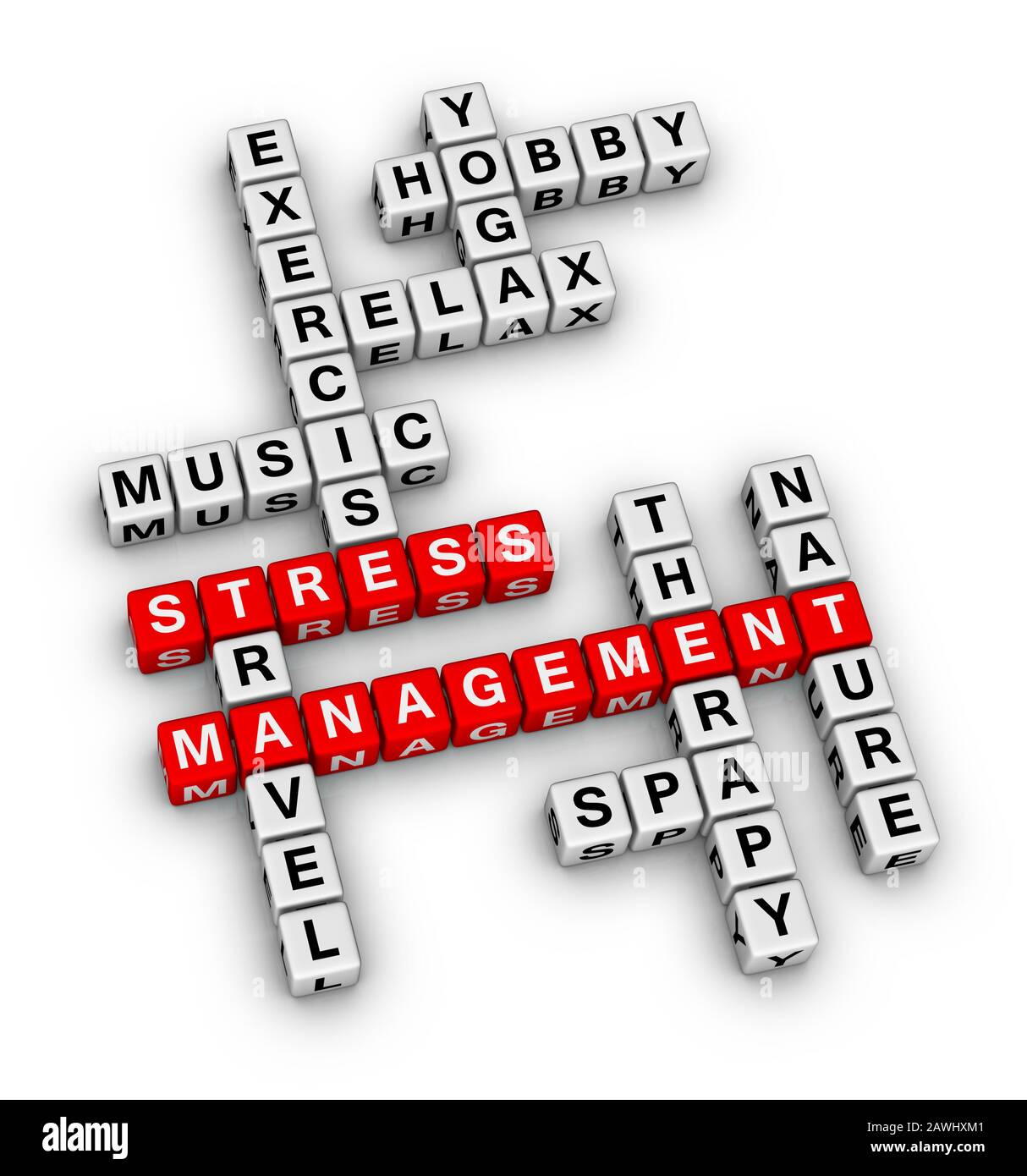 Stress Management Word Cloud. 3D cubes crossword puzzle on white background. Stock Photo