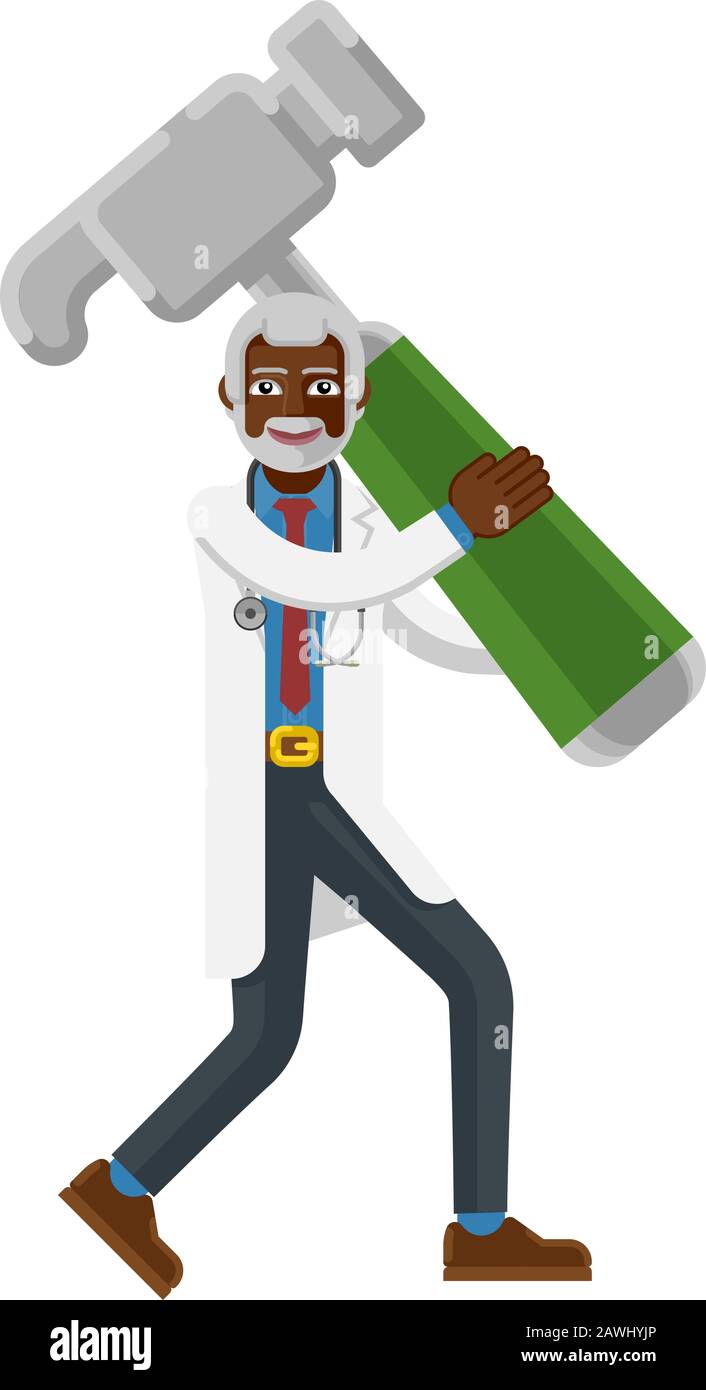 Mature Black Doctor Man Holding Hammer Mascot Stock Vector