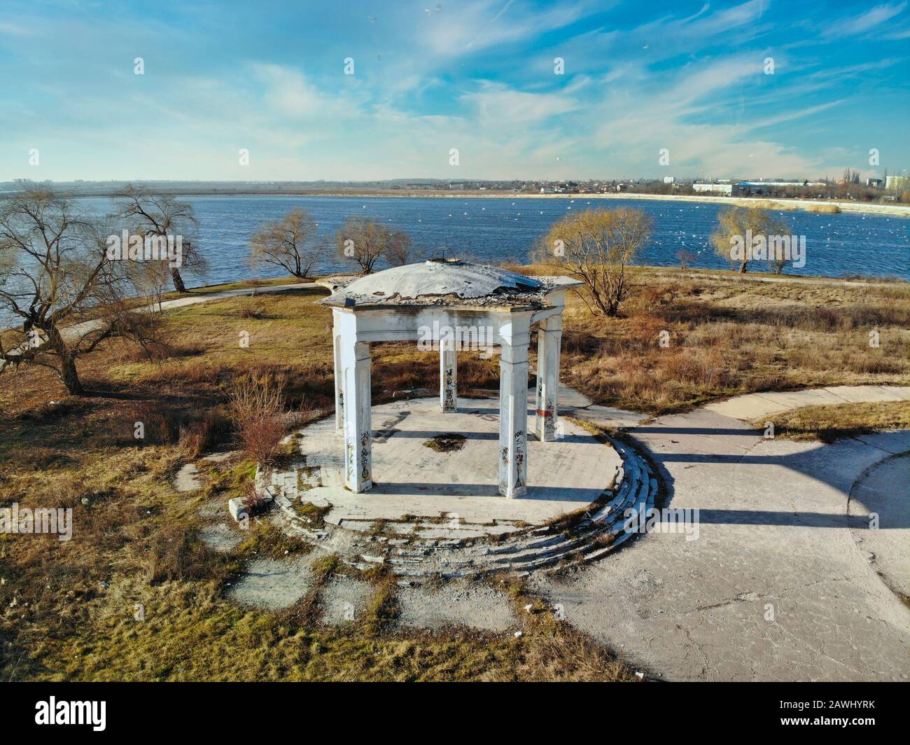 Aerial photo of an old arch at the Morii Lake Island, Bucharest, Romania - 1/31/2020 Stock Photo