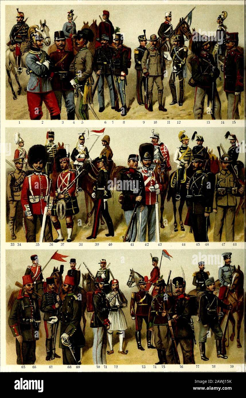 Meyers grosses Konversations-Lexikon : ein Nachschlagewerk des allgemeinen Wissens . i). 75. FuBjager (feldmarschmaCig). 76. Infanterist (Paradeuniform). Serbien. 77. Artillerieoffizier (Paradeuniform). 78. Infanterist (feldmarschmaCig). 79. Kavallerieoffizier (kleine Uniform). Bulgarien. 80. Infanterist. 81. Leibgardereiter-Offizier. 82. Kavallerieoffizier (Paradeuniform). 83. Artillerieoffizier (Sommeruniform). Danemark. 41. Linieninfanterist (feldmarschmaCig). 42. Gardegrenadier (Paradeuniform). 43. Gardehusar. Schweden. 44. Leibdragoner (Paradeuniform). 45. Linieninfanterist. 46. Feldartil Stock Photo