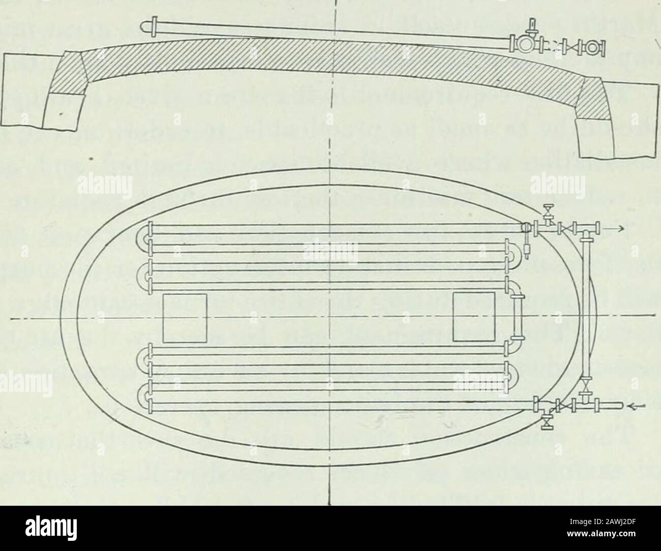 Transactions . Fig. 9. — Preheater for Water, Utilizing the Radiated Heat of the Arch of a Glass-Furnace. the top of a furnace-arch is rather a ticklish business; and many amanager would not risk it. Much easier and simpler is the recoveryof heat from the waste-gases, as described below. The average temperature of the escaping gases of the open-hearth,according to numerous determinations at various works, is about 700°C.,or from 200° to 300° below that of the heating-furnace gases con-sidered in the earlier parts of this paper. Hence we have to reckonwith a somewhat smaller possible recovery, Stock Photo