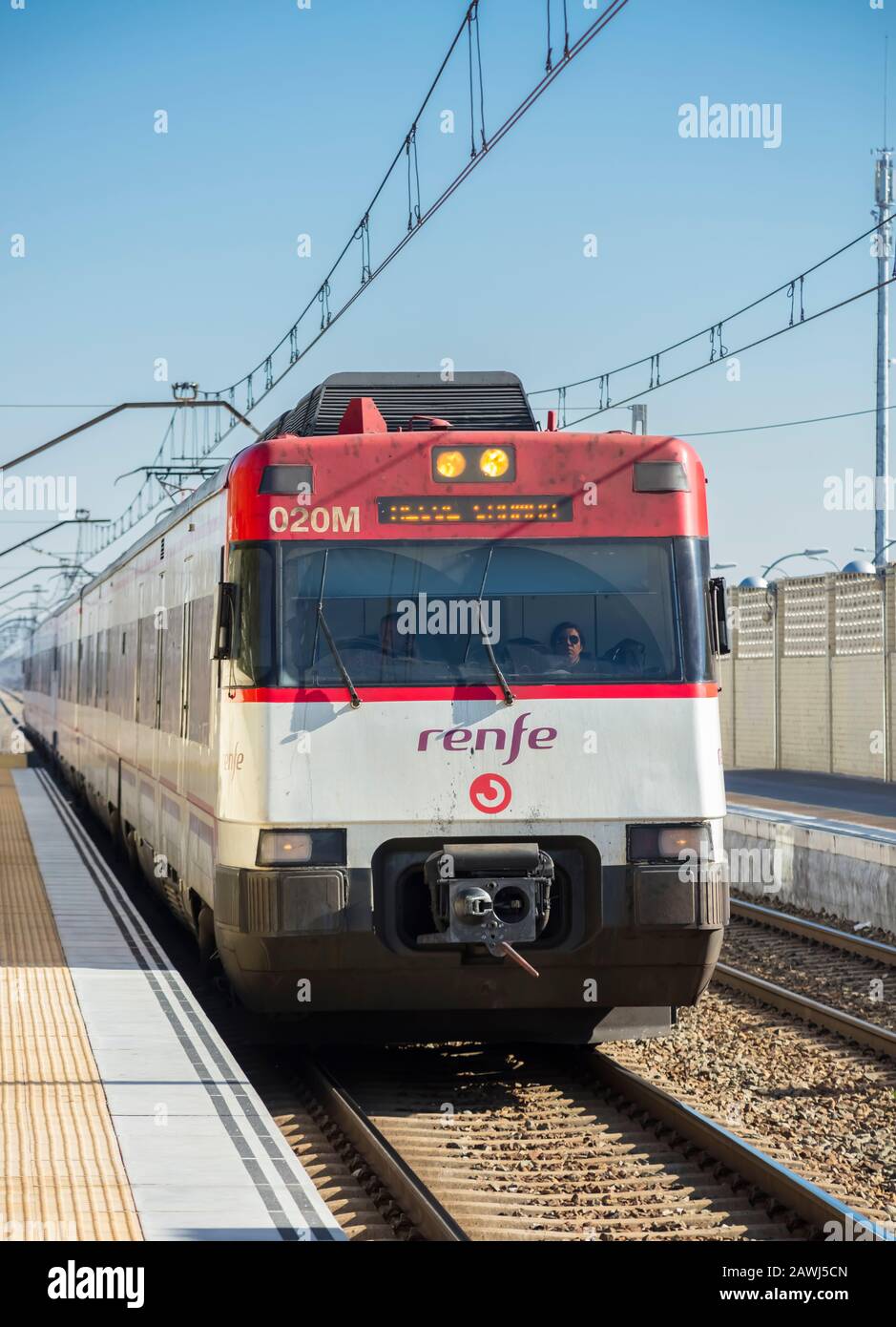 Alcala de Henares train station, Madrid province, Spain; Feb/25/2019; Trains passing by the station of Alcala de Henares, Madrid province, Spain Stock Photo