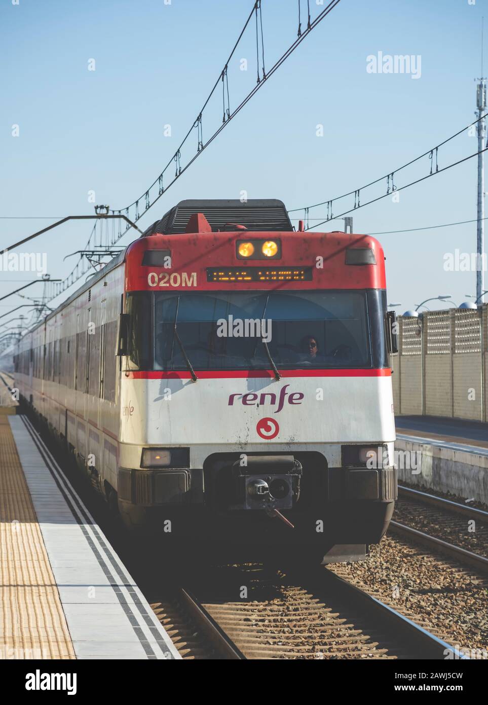 Alcala de Henares train station, Madrid province, Spain; Feb/25/2019; Trains passing by the station of Alcala de Henares, Madrid province, Spain Stock Photo