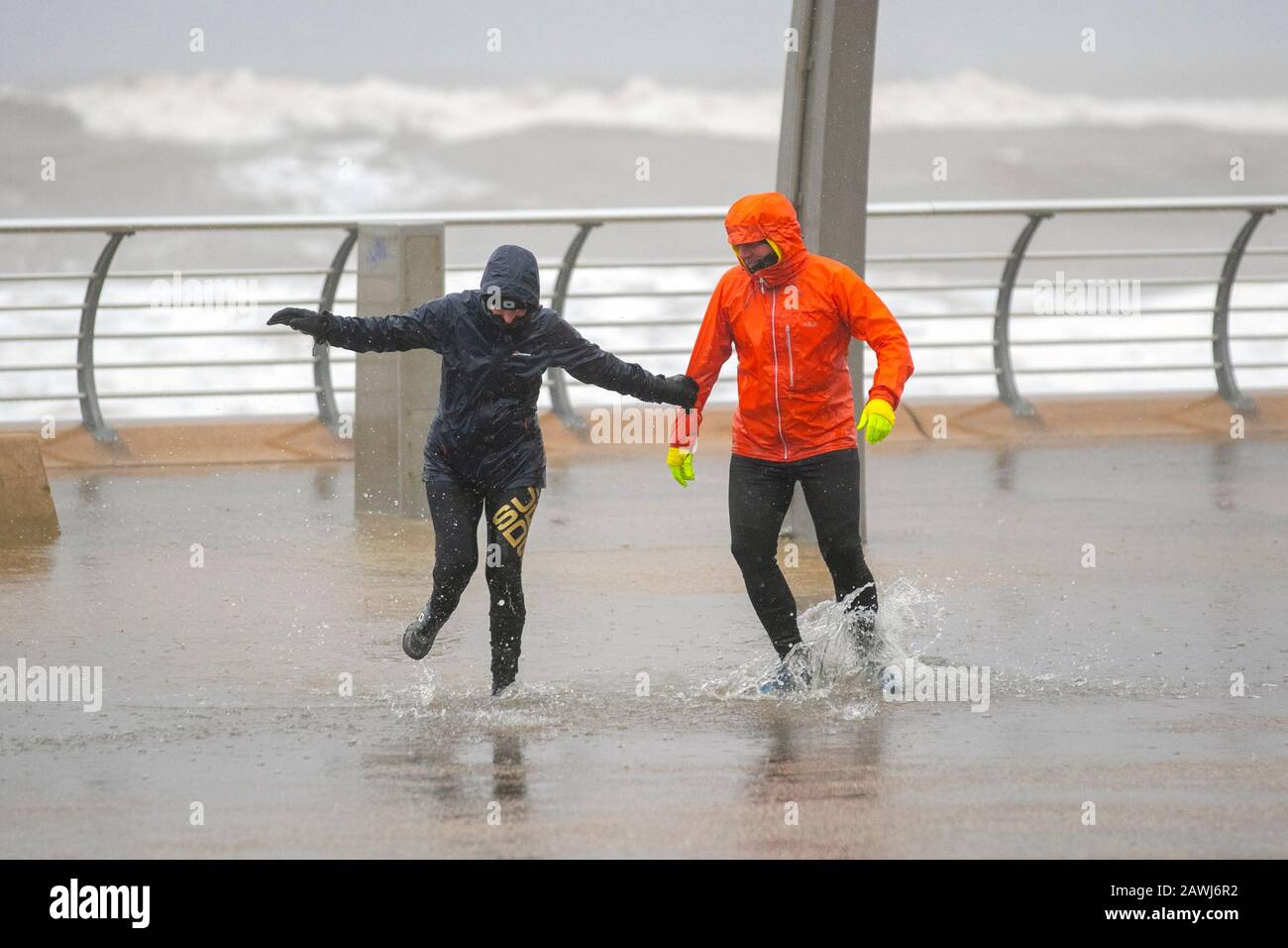 Blackpool, Lancashire. 9th Feb, 2020.   The third named storm of the season, the worst since 2013 arrives in Blackpool. Large waves and debris thrown on coastal roads, seafronts and properties present a risk to life. Wet and windy weather, with winds as strong as 60mph going up to 70mph in more exposed areas. Credit:MediaWorldImages/AlamyLiveNews Stock Photo