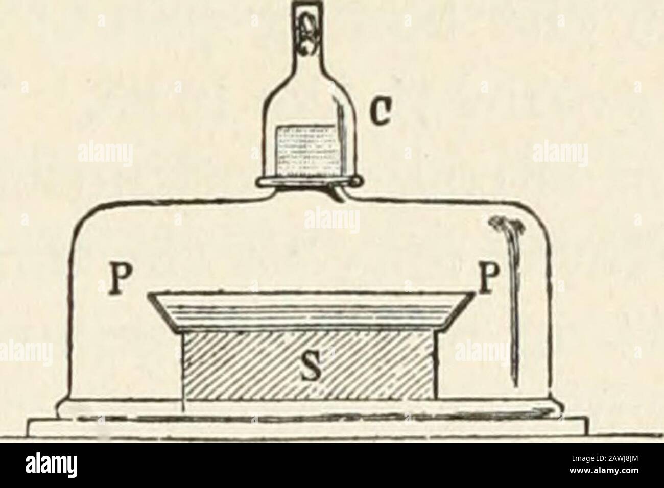 Wood's Medical and Surgical Monographs . FiG. 14.—Flask for Sterilized Jelly of Fig. 15.—Incubating Vessel for Gelatin-Lichen AND Mucilage. Coated Paper. tive point of view, but which possess a comparative value asthey are useful for simple comparisons. The vegetable jelly of lichen, the mucilage of quince-seeds,of linseed, and of gum tragacanth, are used for the kind of an-alyses which I am about to mention. First Process.—Into a series of flasks of 100 c.c. capacity? (see Fig. 14) we introduce 30 c.c. to 40 c.c. of peptonized jellyof lichen; then these flasks are sterilized in the digester a Stock Photo