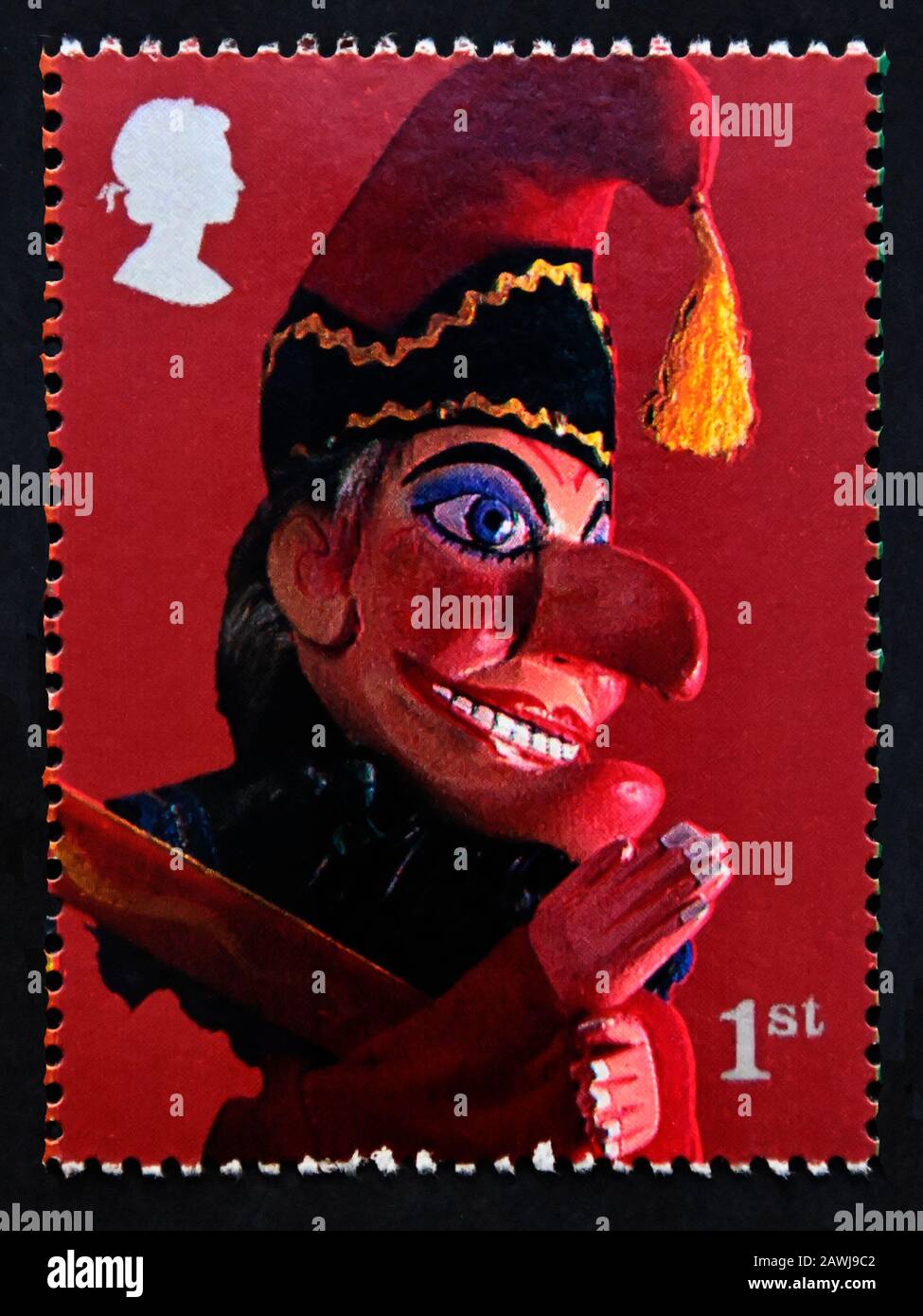 Postage stamp. Great Britain. Queen Elizabeth II. Punch and Judy Show Puppets. Punch. 1st.class
