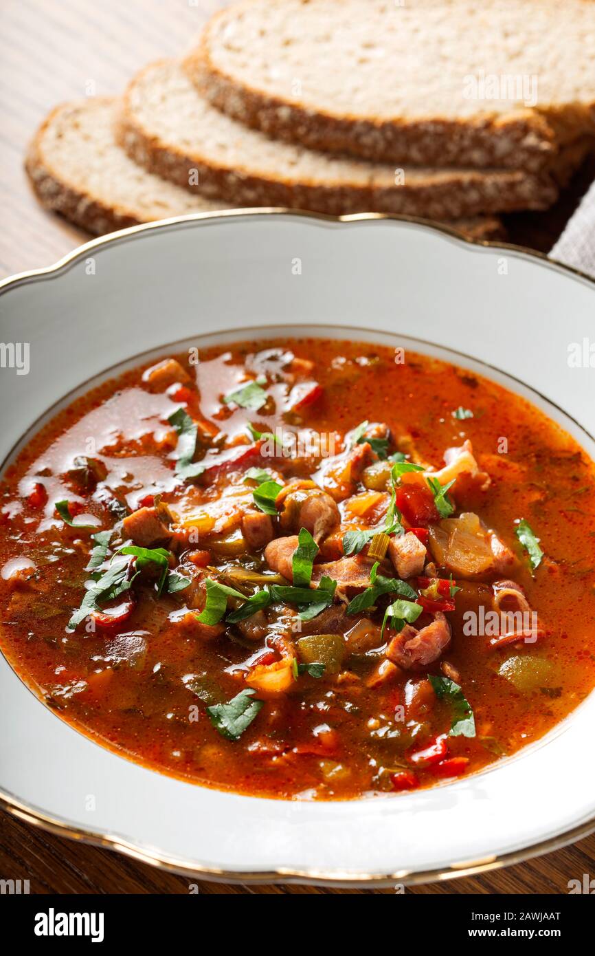 Goulash soup with meat and vegetables - traditional Hungarian food Stock Photo