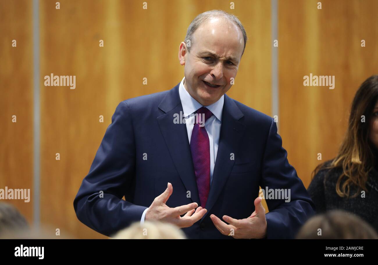 Dublin, Ireland. 31/1/2020 Fianna Fail General Election 2020. Pictured is Fianna Fail party leader Micheal Martin speaking to students in St Colmcille's Community School, Knocklyon, Dublin, as he begins a day of canvassing in the area. Photo: Leah Farrell / RollingNews.ie Stock Photo