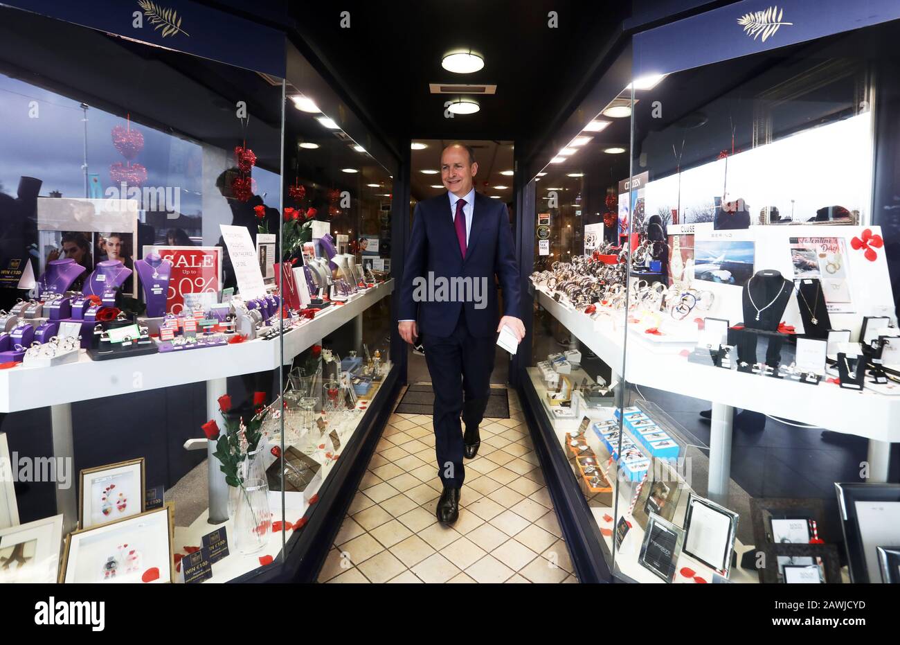 Dublin, Ireland. 31/1/2020 Fianna Fail General Election 2020 Pictured is Fianna Fail party leader Micheal Martin leaving a jewellery shop as he canvassed in Rathfarnham shopping centre this morning. Photo: Leah Farrell / RollingNews.ie Stock Photo