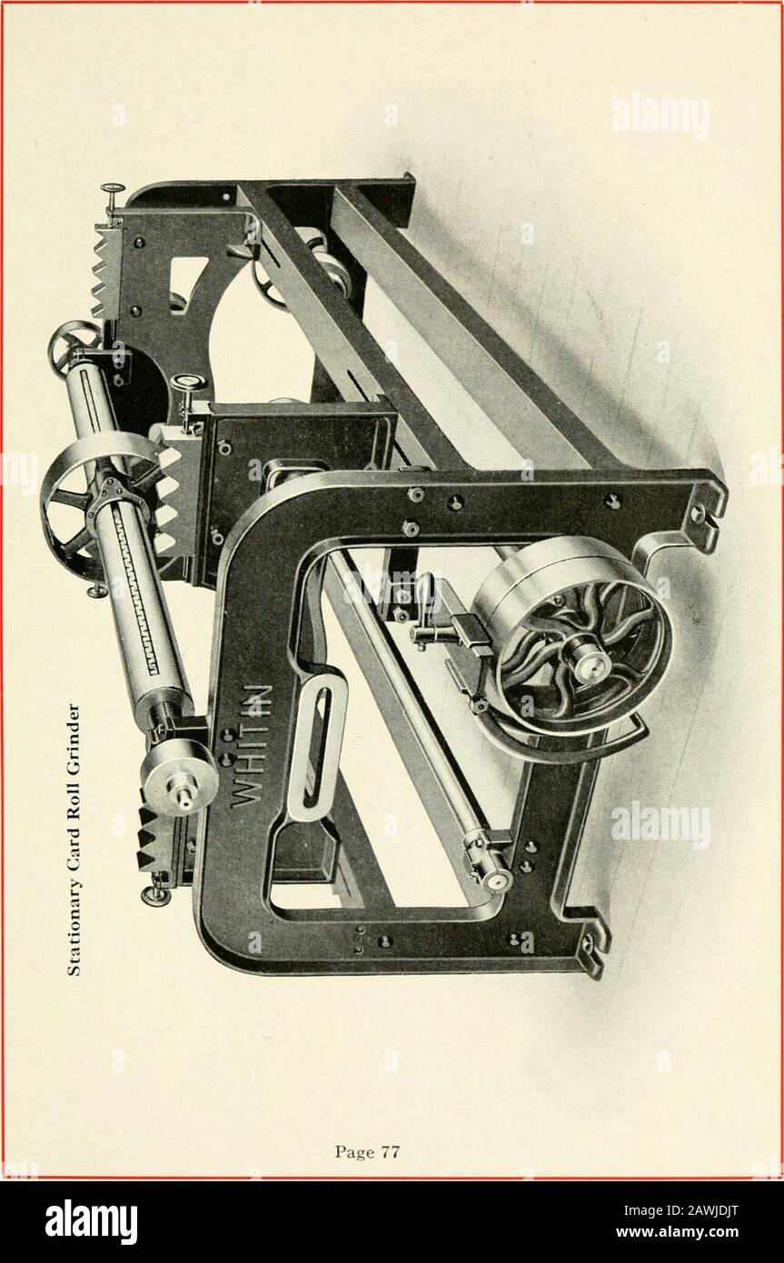 1914 illustrated and descriptive catalog of Whitin cotton waste machinery and of various systems of working cotton waste . scavenger device, this frame is similarin appearance and construction to the ordinary ring frame forspinning cotton yarns. The creel consists of two parallel linesof drums holding the condenser spools, from which the rovingpasses to the drawing rolls. The Broken-end Scavenger Device(patent pending) consists of a leather belt slowly moving beneaththe front roll, whereby waste due to broken ends is automaticallycollected and conveyed to the foot end of the frame, where it is Stock Photo