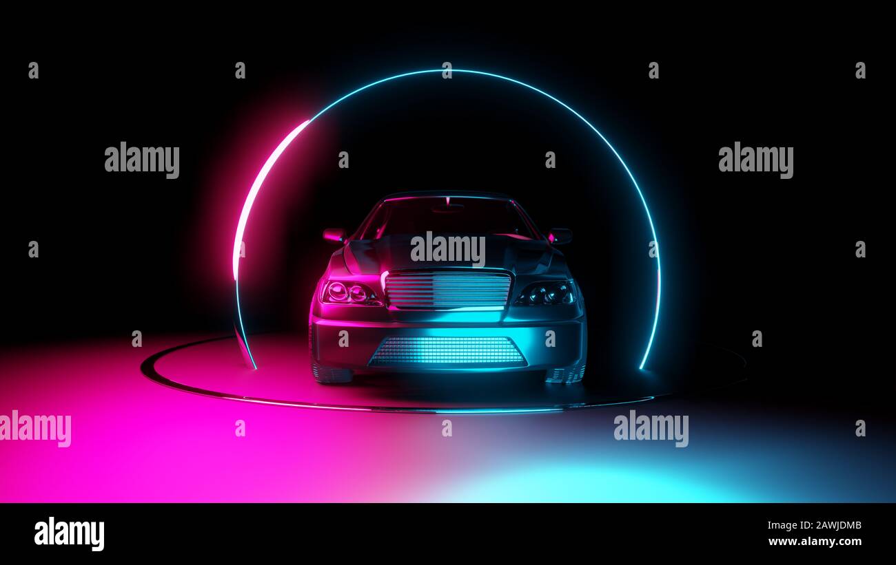 Car with neon light circle frames on dark background. 3D illustration