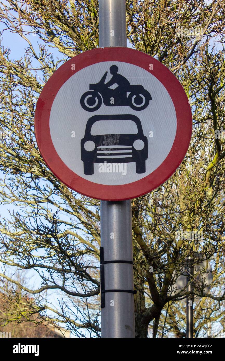 Street sign for no motor traffic in a road in north London Stock Photo