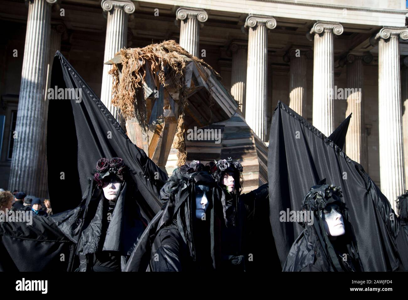 British Museum London February 8th 2020. Protest against the sponsorship of the exhibition Troy, Myth and Reality by BP (British Petroleum ). The Red Stock Photo