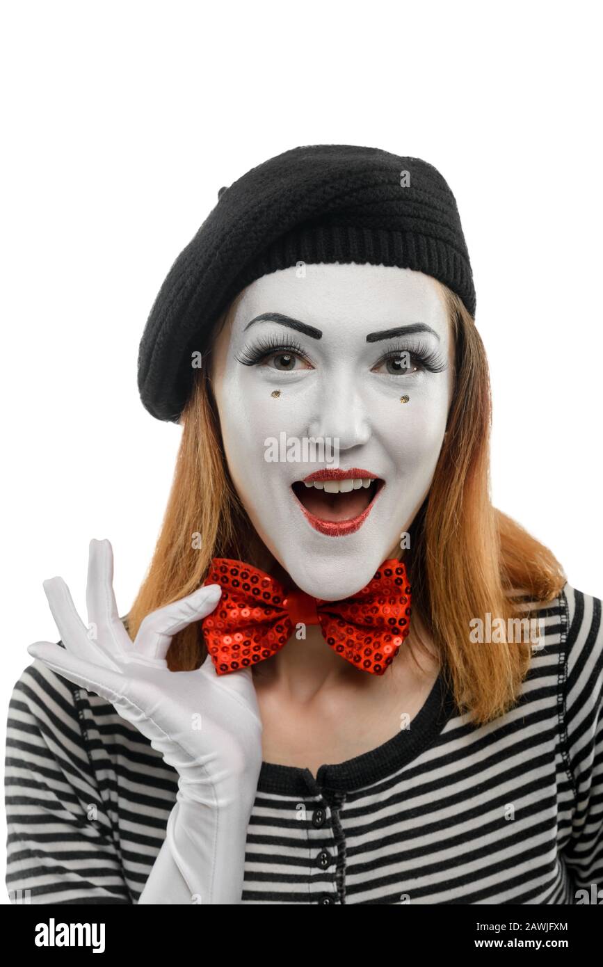 Happy female mime artist isolated on white Stock Photo Alamy