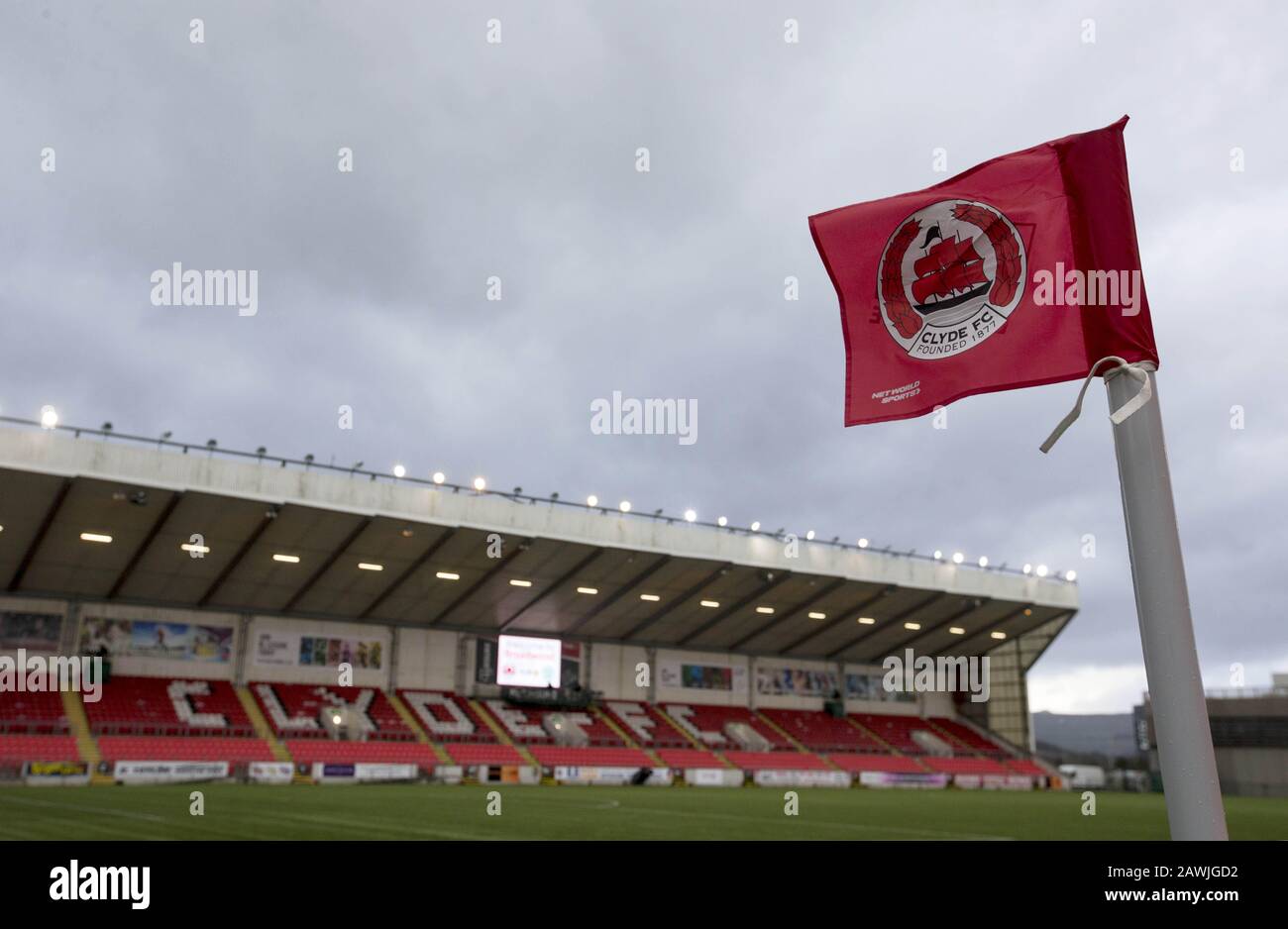 A corner flag blows in the wind before the William Hill Scottish Cup fifth round match at Broadwood Stadium, Glasgow. Stock Photo