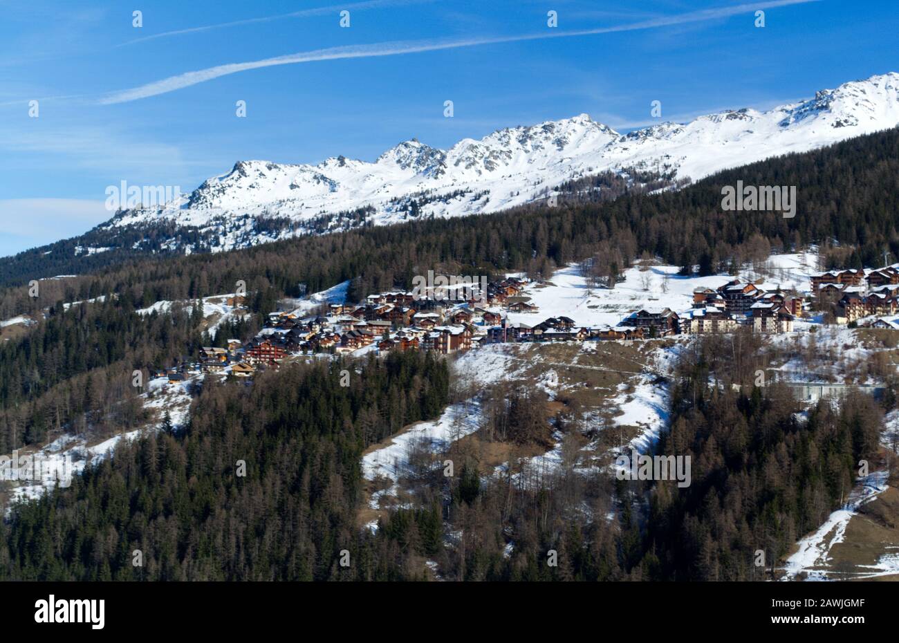 View of Peisey Vallandry at the Les Arcs ski resort Stock Photo