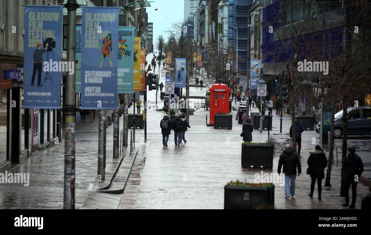 Glasgow, Scotland, UK, 9th February, 2020: UK Weather: Overnight stormy weather with the forecast of a continuation over the next four days saw empty streets with no shoppers in the city centre in the shopping sauchiehall street.  Copywrite Gerard Ferry/ Alamy Live News Stock Photo