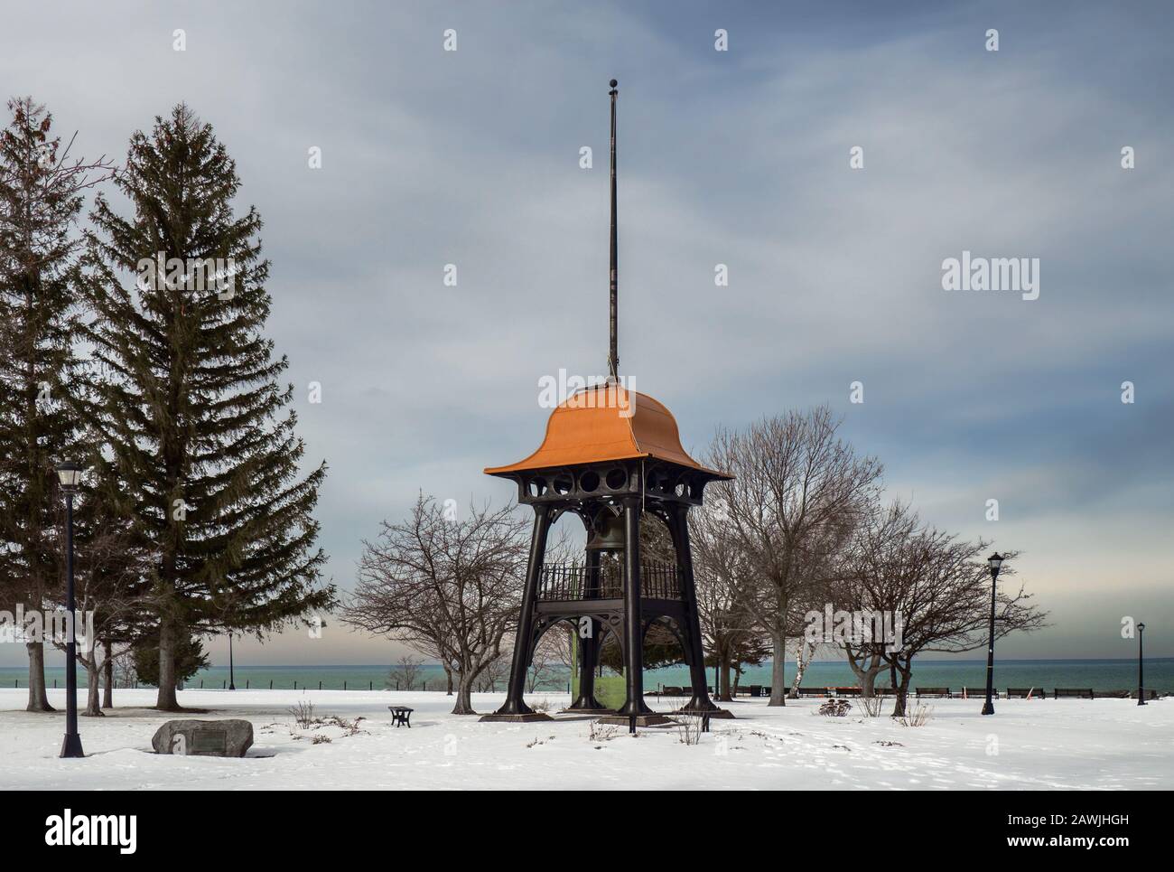 Oswego, New York, USA. January 23, 2020. The Kingsford Bell in Breitbeck Park in honor of the Kingsford family who built mant properties and were prom Stock Photo