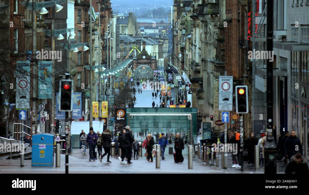 Glasgow, Scotland, UK, 9th February, 2020: UK Weather: Overnight stormy weather with the forecast of a continuation over the next four days saw empty streets with no shoppers in the city centre in the shopping the style mile of Scotland on Buchanan street.  Copywrite Gerard Ferry/ Alamy Live News Stock Photo