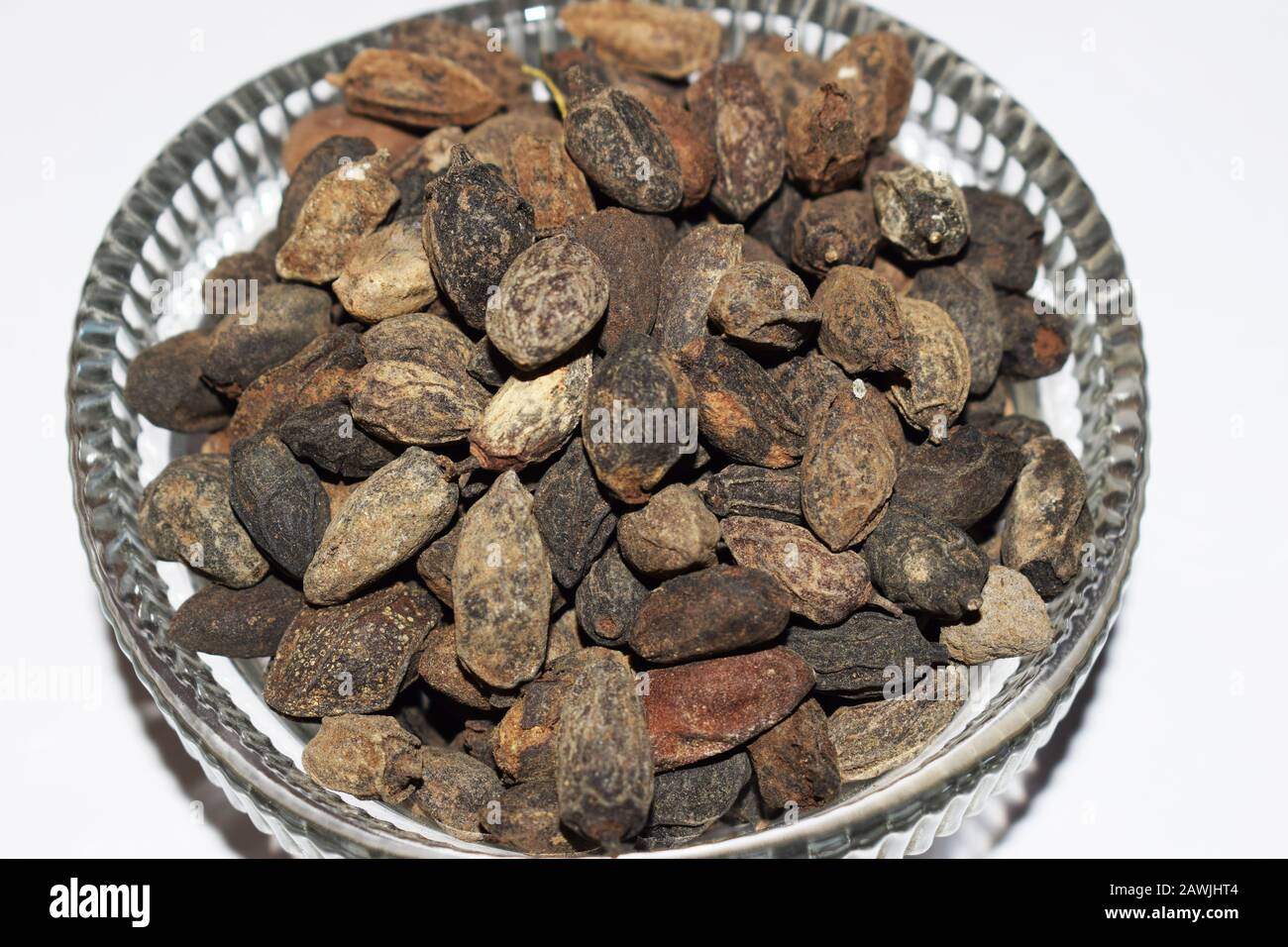 Selective focus of Dried Neem seeds also known as Azadirachta indica is dried herb used in Ayurveda for medicinal purpose.Grown in Indian subcontinent Stock Photo