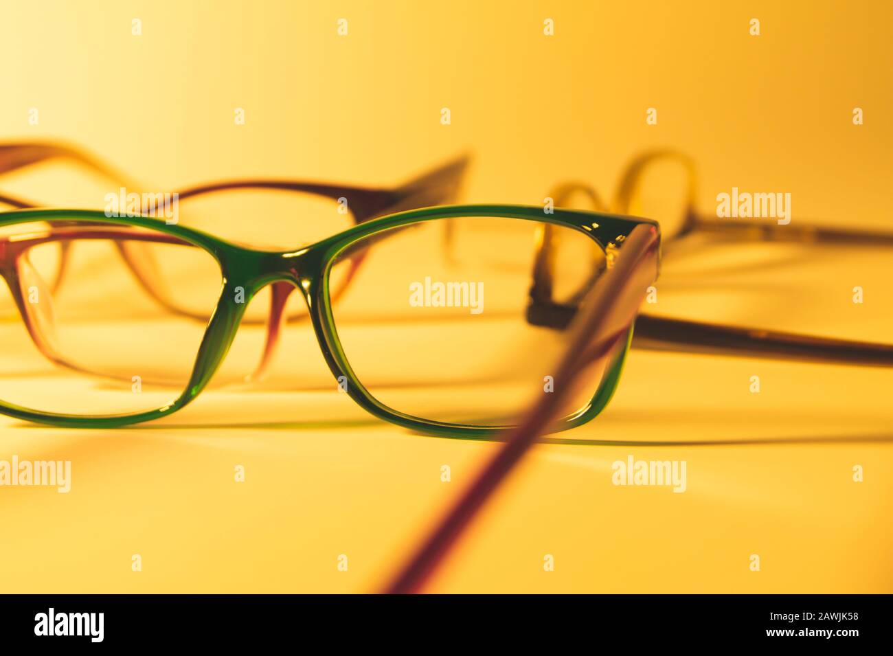 Glasses close up artistic shot. rimmed eyeglasses background with copy