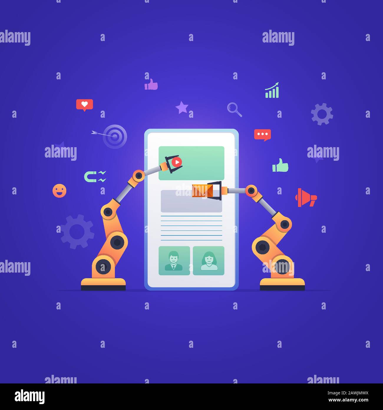 Robotic hands designing and managing social media or mobile application ...
