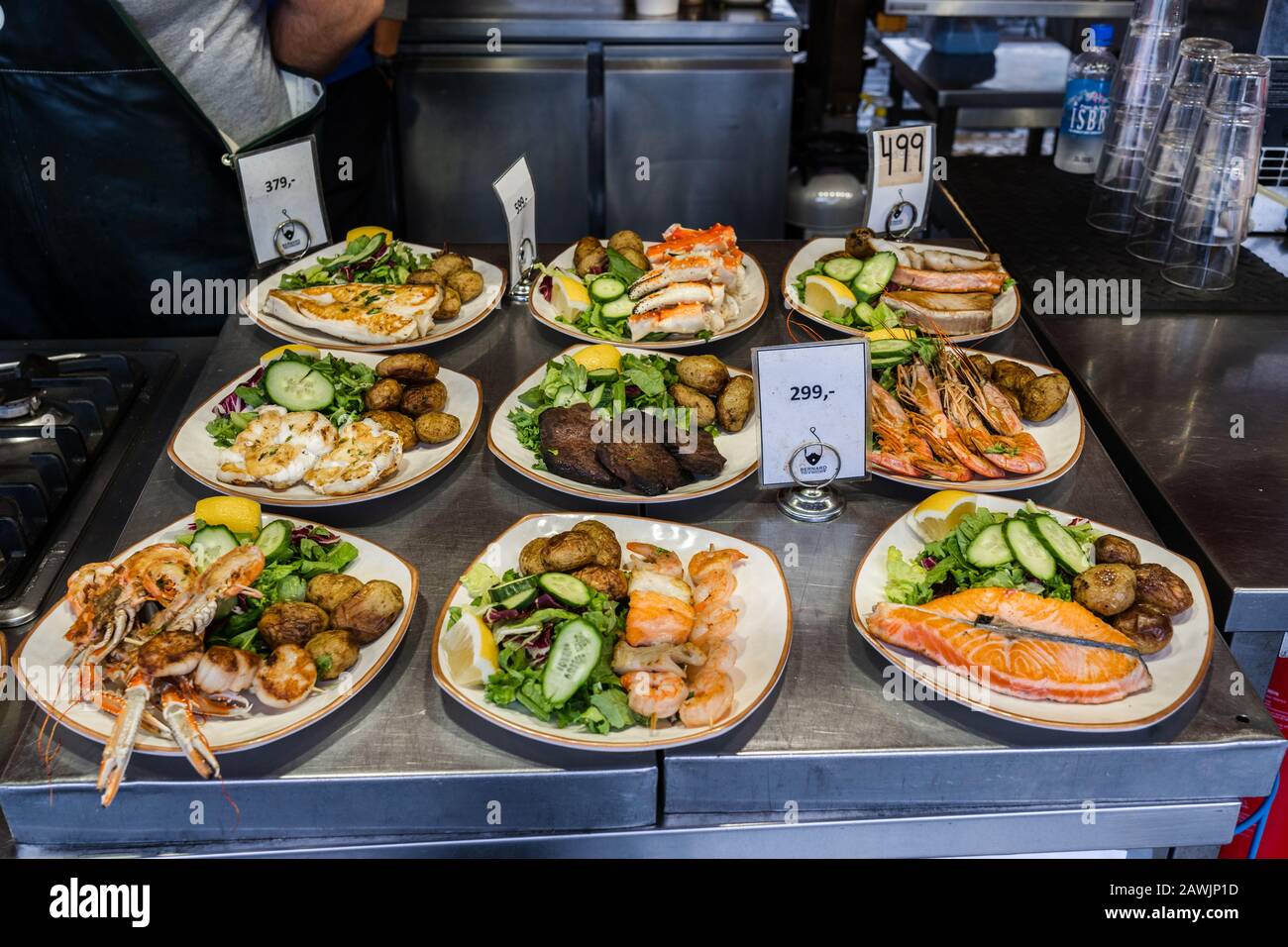 Editorial 09.04.2019 Bergen Norway Ready made dishes on display at the fish market with price tags Stock Photo