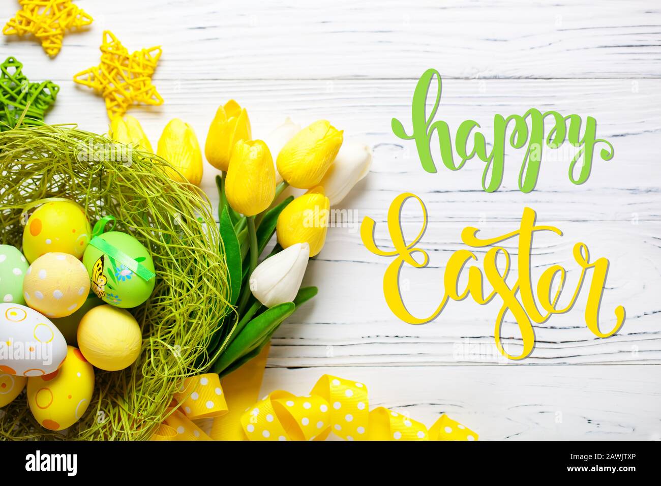 Happy Easter Congratulatory easter background Easter eggs and flowers