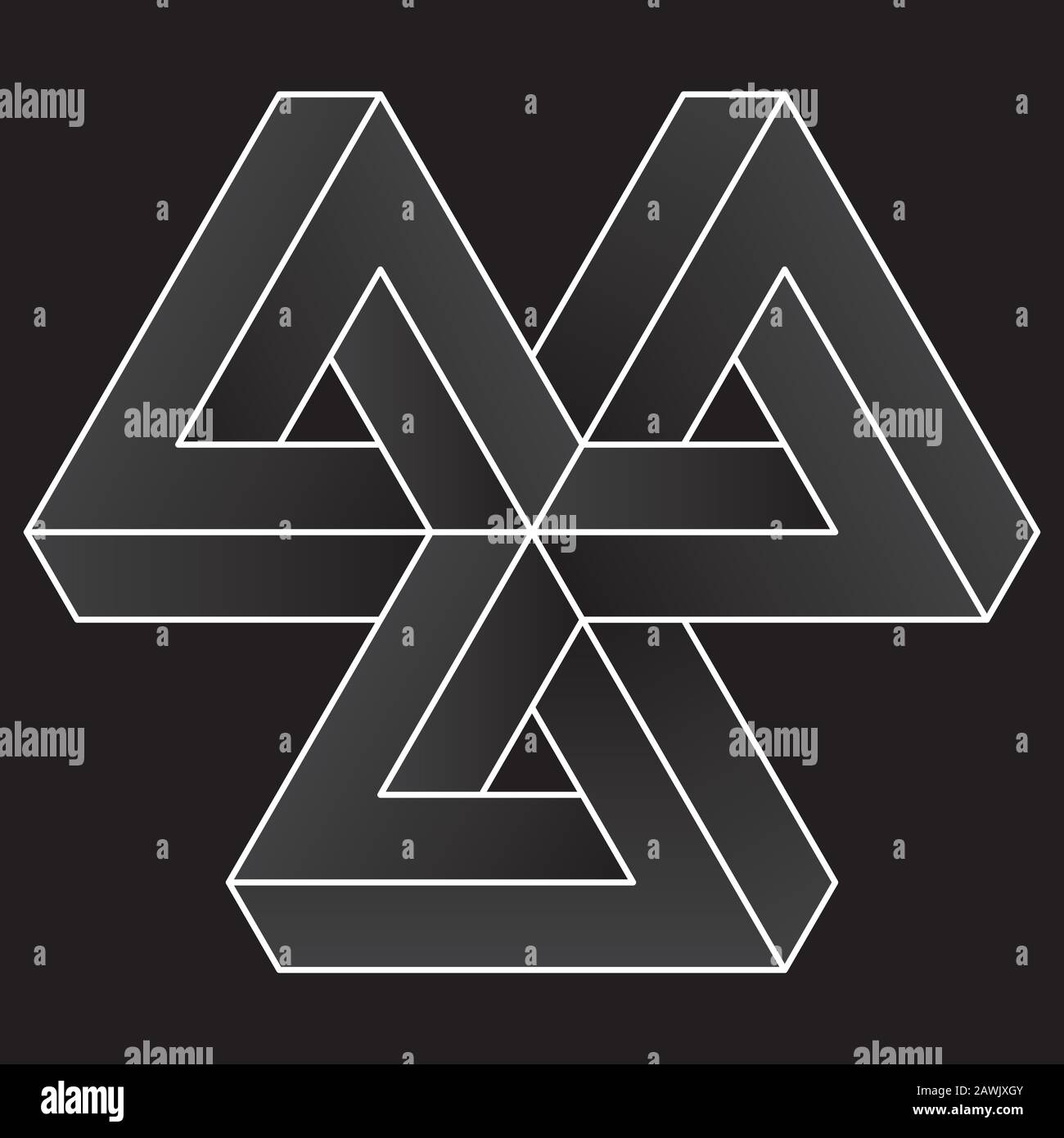 Impossible triangular icon. White vector optical illusion shape on black background. Stock Vector