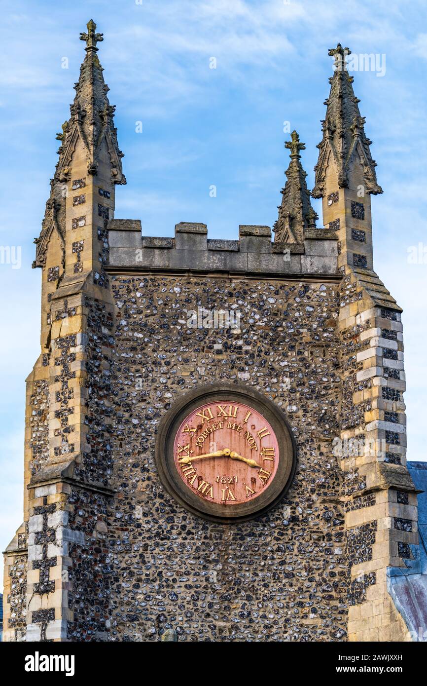 St Michael at Plea Church Clock Tower Norwich. Grade I listed medieval church in central Norwich. Clock inscribed 'Forget Me Not 1827' Stock Photo