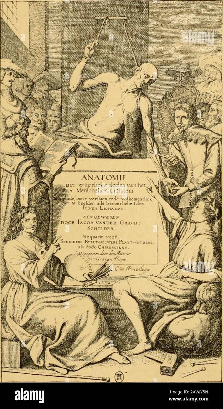 Histoire de l'anatomie plastique : les maitres, les livres et les écorchés . le beioerlicheit des selvenLichaems. Aengemesen door lacob vander GrachtSchilder. Bequaem voor Schilders, Beelt-houwerSyPlaet-snjders. als oock Chirurgiens. In sGravenHagœ, 1634, se trouve un frontispice intéressant(fig. 62), représentant un cadavre attaché au moyendune corde, le membre supérieur gauche disséqué,sur lequel un professeur montre la disposition desmuscles de Tavant-bras à des auditeurs qui Tentourent.Une femme assise, tenant une palette et des brosses dela main gauche, un masque retombant sur la poitri Stock Photo