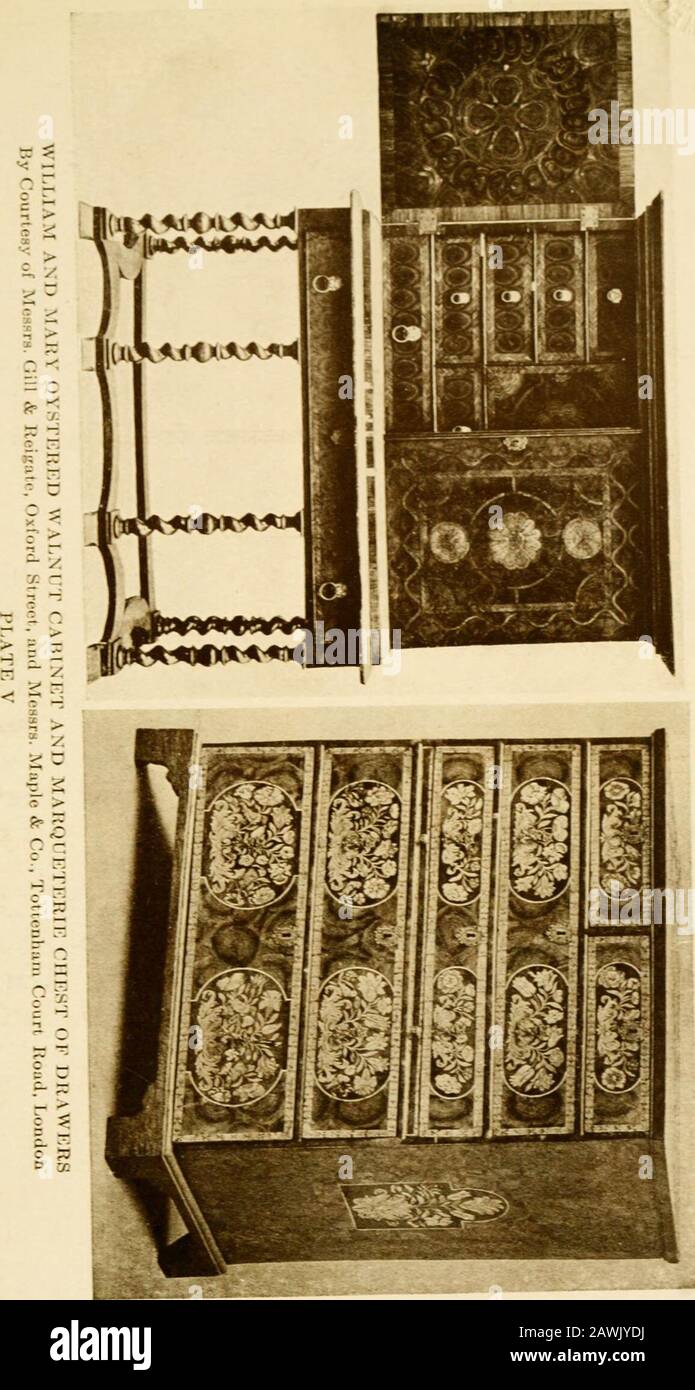 The practical book of period furniture, treating of furniture of the English, American colonial and post-colonial and principal French periods . EES AXD CHESTS Chests oi drawers were of two kinds, having thecarcase in one or two sections respectively. Those ofone section had three to five drawers. They were usu-ally four drawers in height, the upper space beingoccupied by two short drawers instead of one longdrawer. The tops were flat and upon them often stoodlace boxes, covered with lacquer or inlaid with inar-queterie to match the chest. In other words, the one-section chest of drawers was a Stock Photo