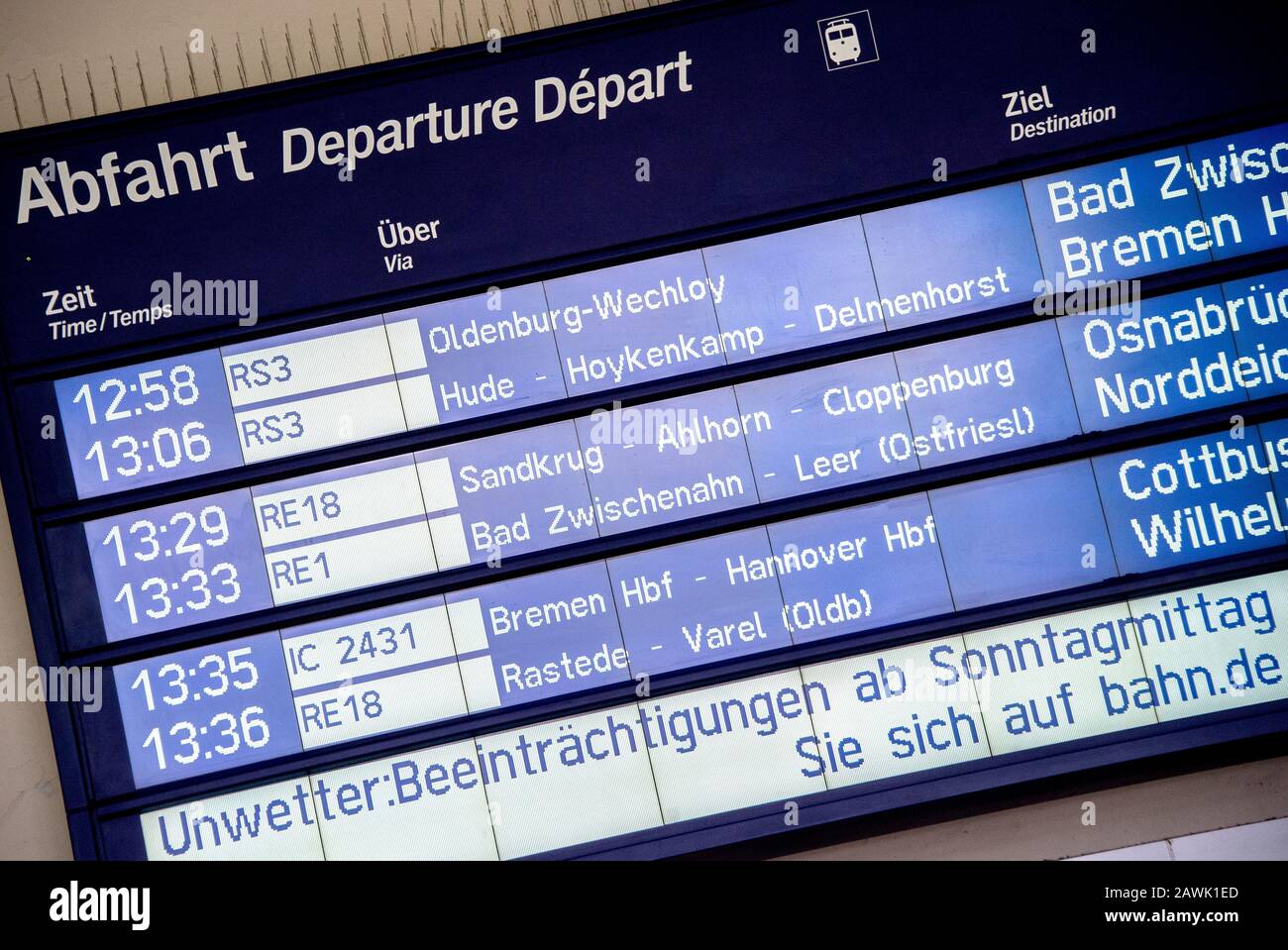 Oldenburg, Germany. 09th Feb, 2020. A display board at the main station
