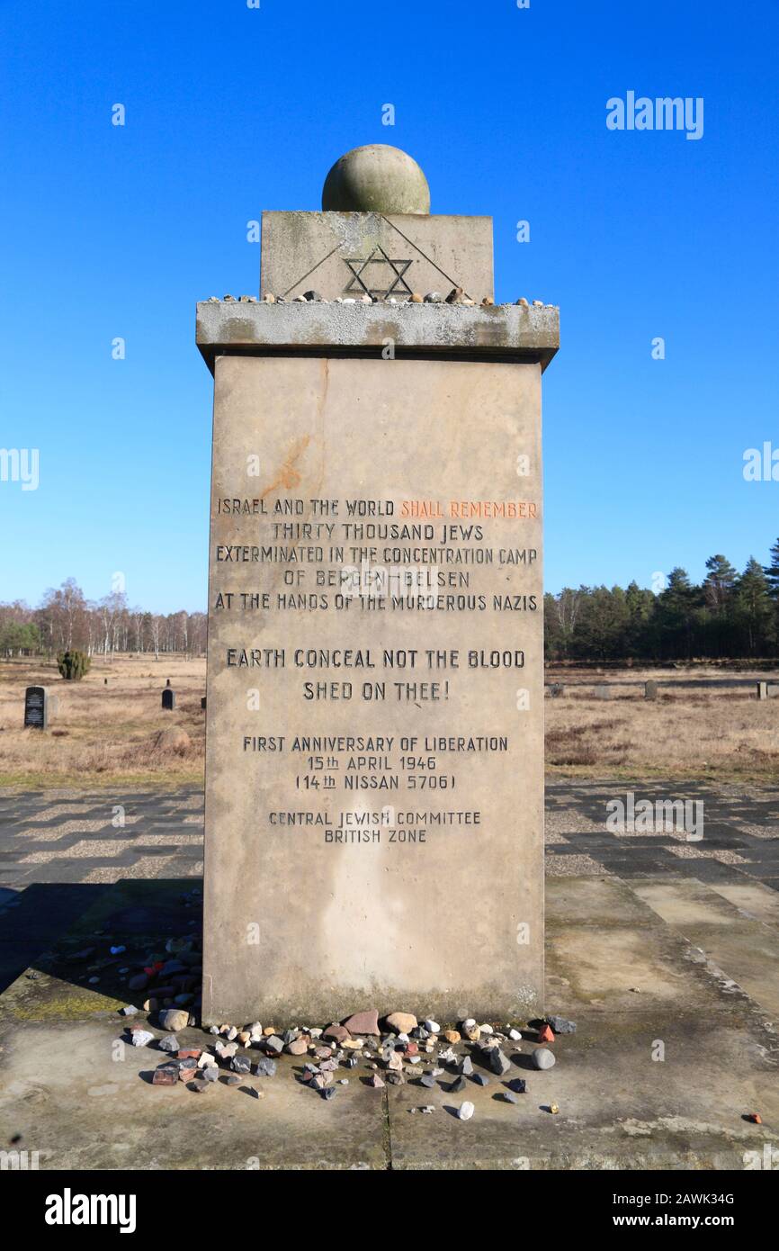 Jewish memorial, Bergen-Belsen concentration camp memorial, Lower Saxony, Germany, Europe Stock Photo