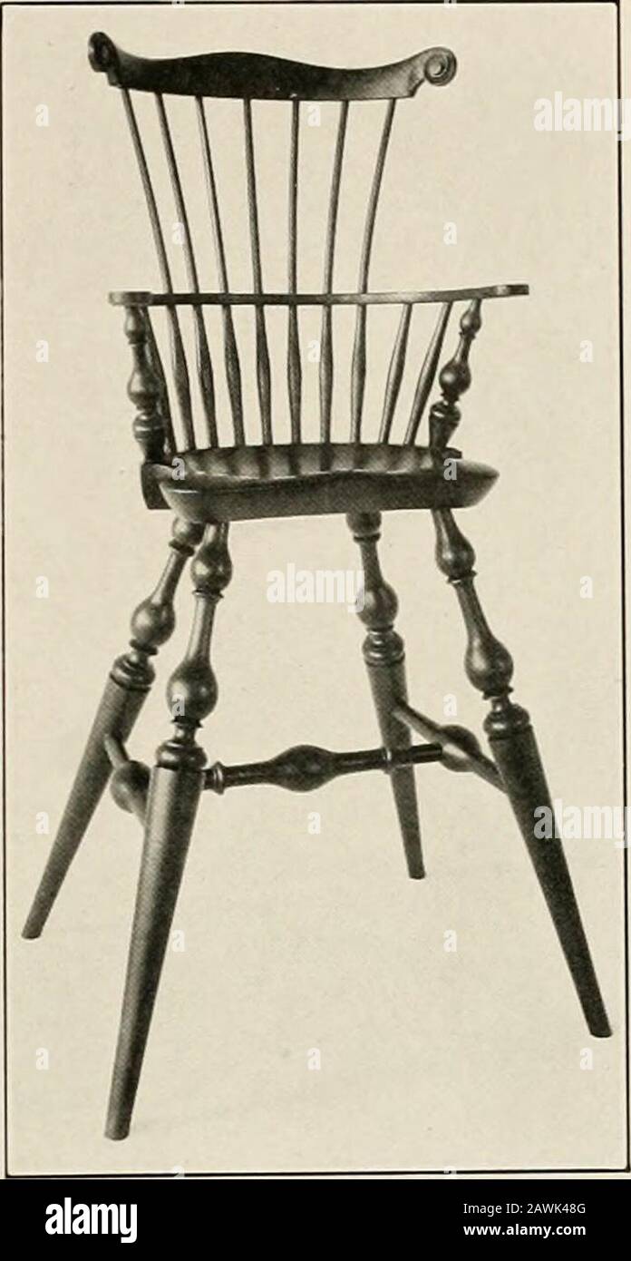 Wallace Nutting Windsors : correct Windsor furniture. . No. 143 Ml No. 145 if-j  ft m J[. No. 209 No. 201 No. 209. Babys High Pennsylvania Comb-back Early high chairs of this period have no steps,as they are an invitation to climb down, andthey then make the chair unstable. Heightof seat in all high chairs, 22 inches. The quaintest and oldest of all good Wind-sors. The middle stretcher is the type whichcame down from an earlier style. The guardin front runs through holes in the front spindlesand is fastened in by a raw-hide tongue. No. 201. Babys Comb-back High Windsor As the other high chair Stock Photo