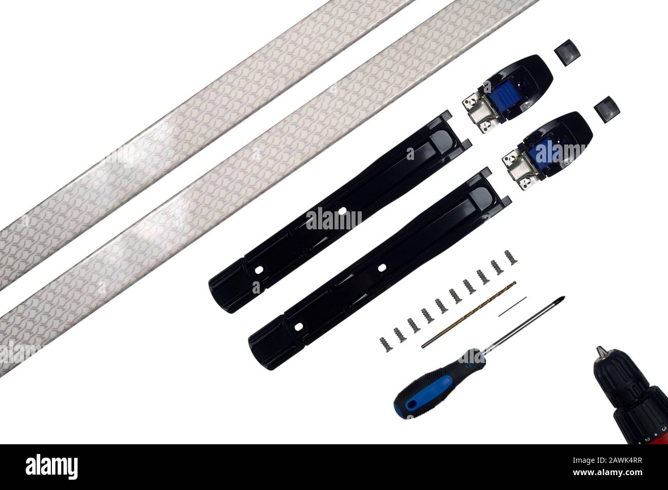 Process of assembling NNNbinding for crosscountry ski. Isolated on white with clipping path