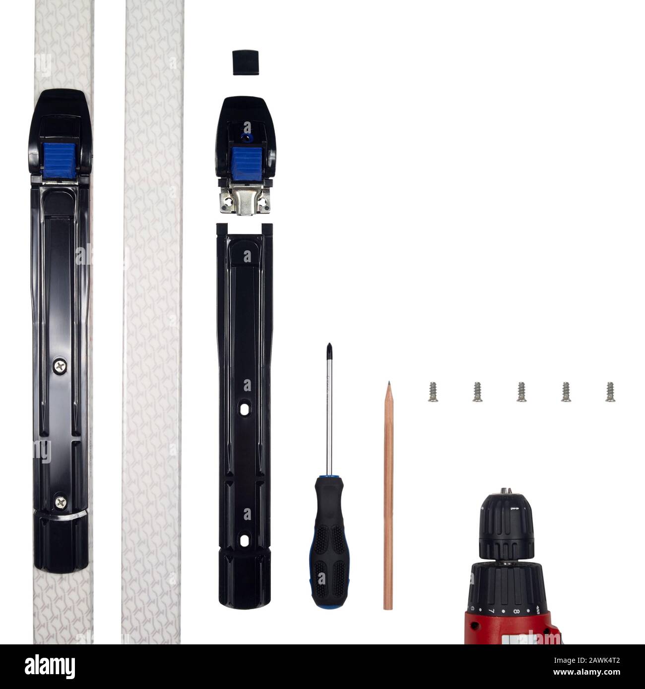 Process of assembling NNNbinding for crosscountry ski. Isolated on white with clipping path