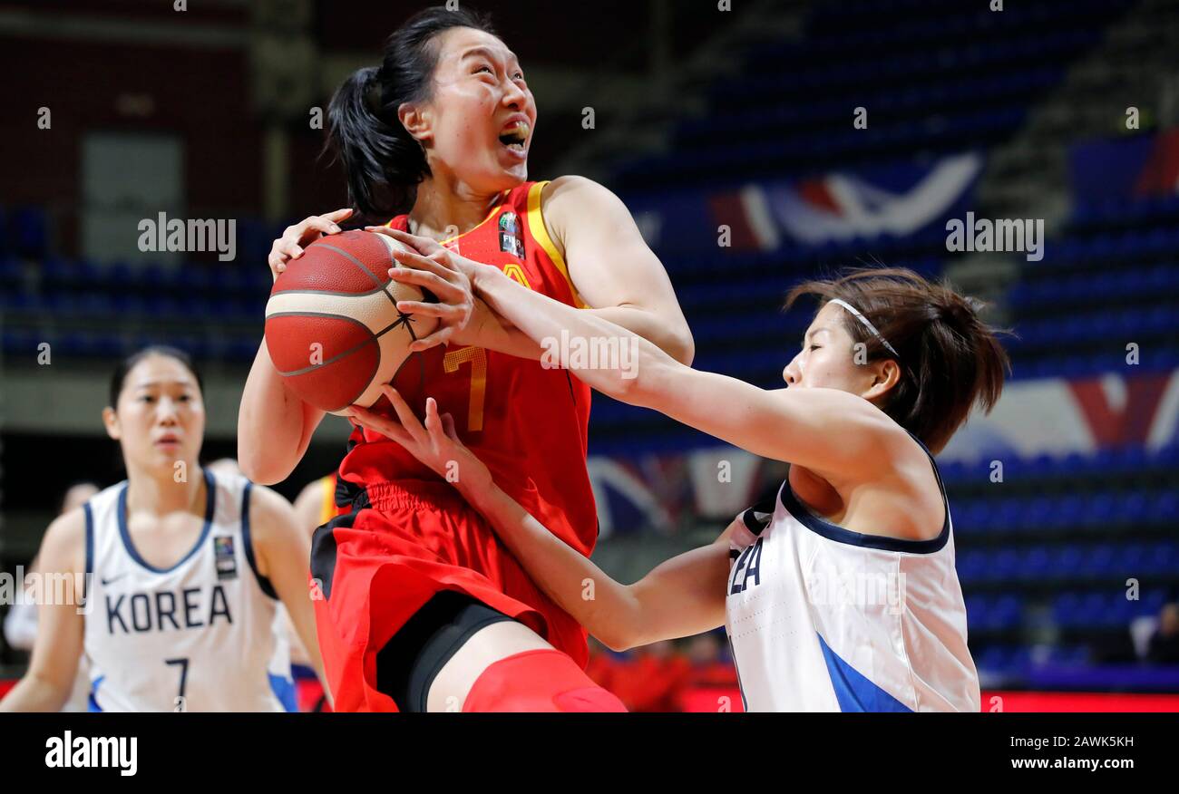 Belgrade, Serbia. 9th Feb, 2020. China's Shao Ting (L) vies with South  Korea's Ah Ra Go (R) during the group B match between China and South Korea  at the Women's Olympic qualifying