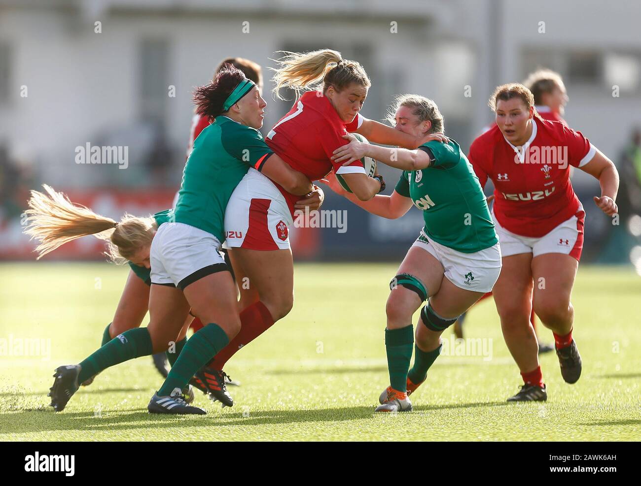 Energia Park Dublin Leinster Ireland. 9th Feb 2020. International Womens Rugby Six Nations Ireland versus Wales Kelsey Jones of Wales is tackled by Lindsay Peat and Edel McMahon of Ireland Credit Acti...