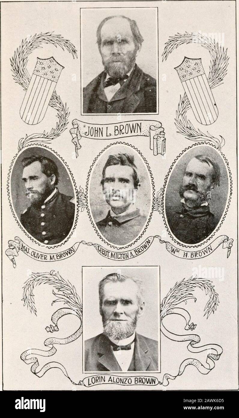 Genealogical record of John Brown (1755-1809) and his descendants, also the collateral branches of Merrill, Scott and Follett families . 823; d. March 24, 1907; m. Elenor Johnson. 45 Napoleon, b. Sept. i, 1825; d. Aug. 18, 1828. 46 Charles J., b. Oct. 22, 1827; d. March 7, 1908; m. Eliza Ann Cowling. 47 Isabel S., b. April 3, 1832; d. April 9, 1853. 48 Frank P., b. Dec. 19, 1837; d. May 31, 1838. 49 Philo Brown, b. June i, 1839; d. July 29, 1844. 50 Eliza E., b. Dec. 12, 1841; d. Jan. 27, 1879; m. Nich- olas J. Harding. 51 Mary L., b. April 12, 1844; d. May 10, 1881. 52 RuFus C., b. March 29, Stock Photo