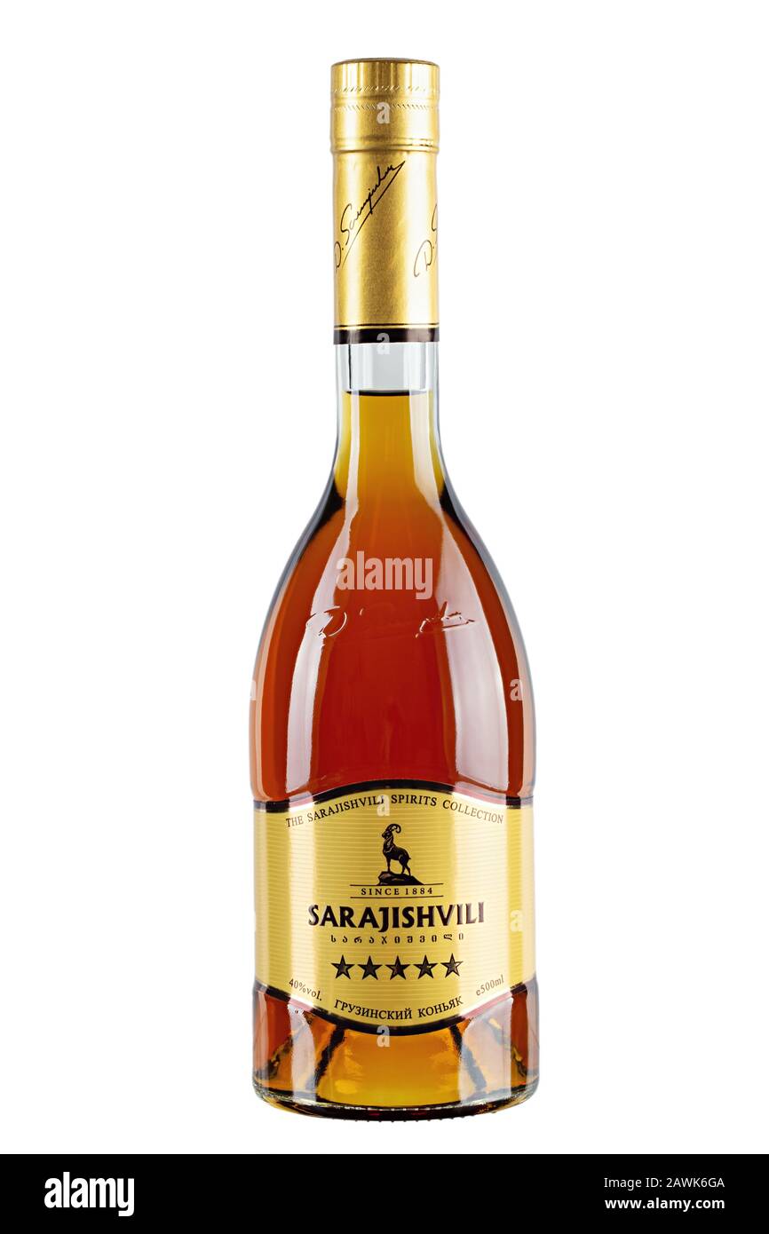Ukraine, Kiev - January 30, 2020:Georgian cognac Sarajishvili in production since 1884 in city Tbilisi. File contains clipping path. Stock Photo