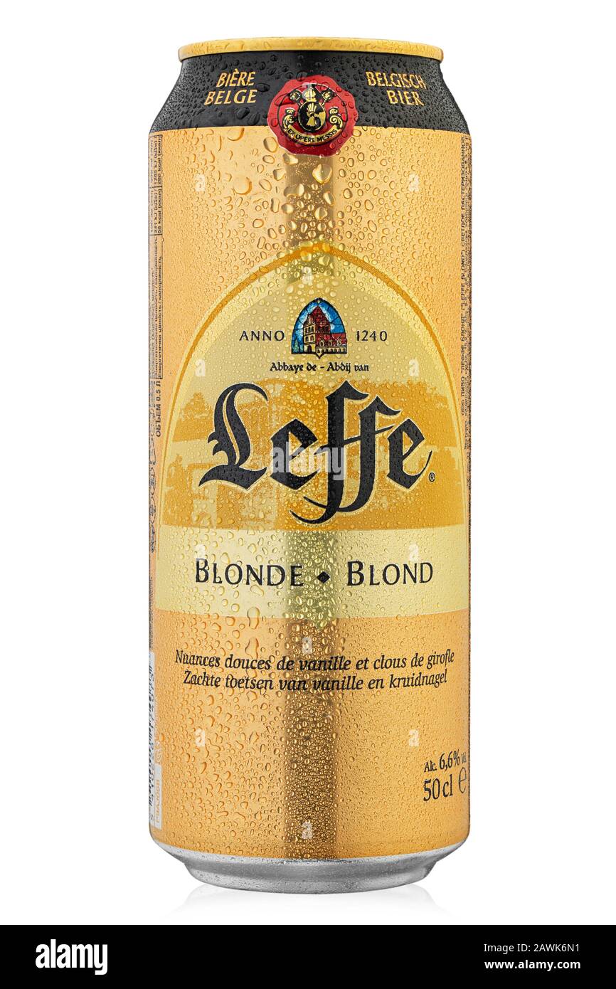 Ukraine, Kiev January 22. 2020 Aluminium can of Leffe Blonde beer on