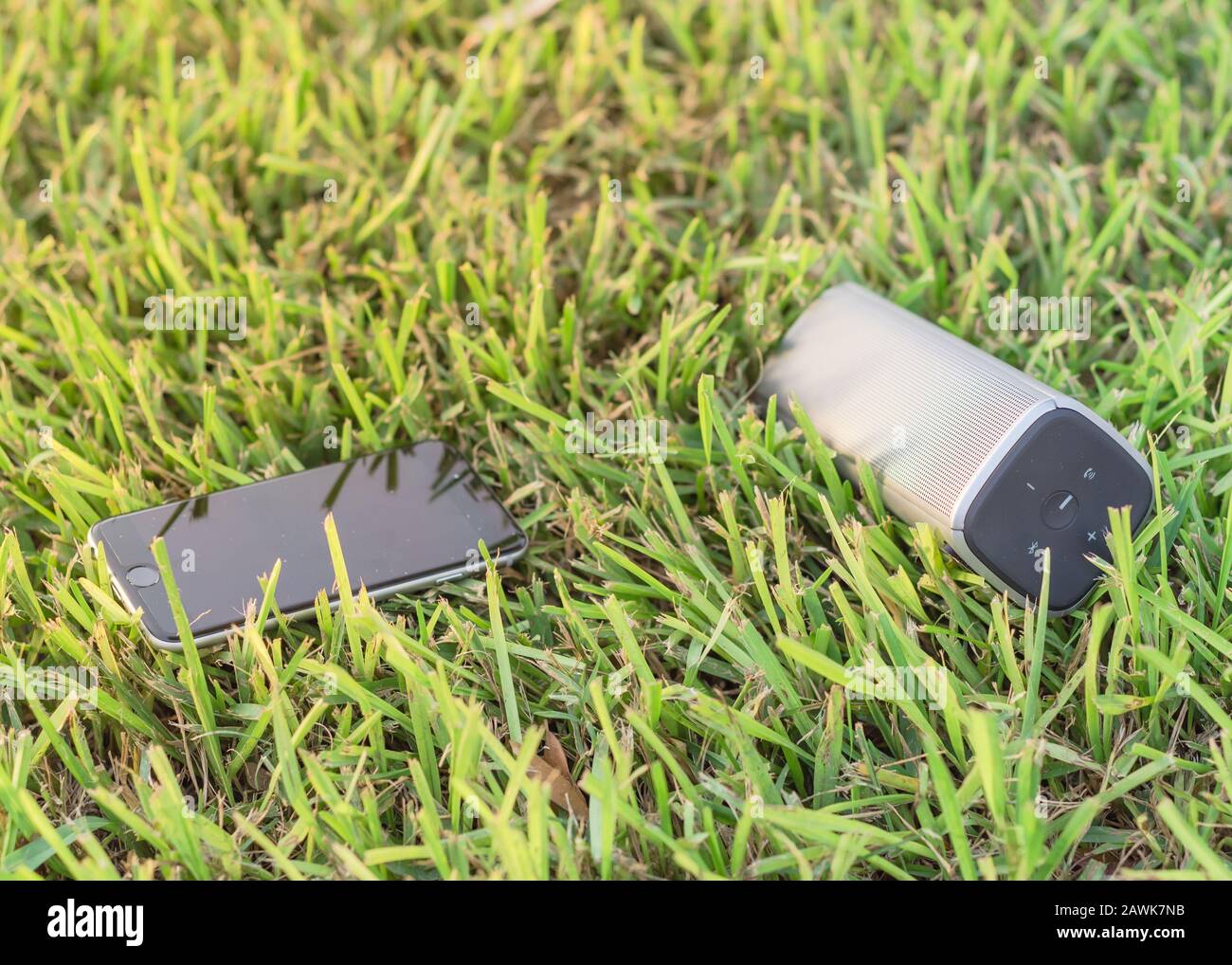 Typical smart phone and Bluetooth speaker on grass lawn nature environment  Stock Photo - Alamy